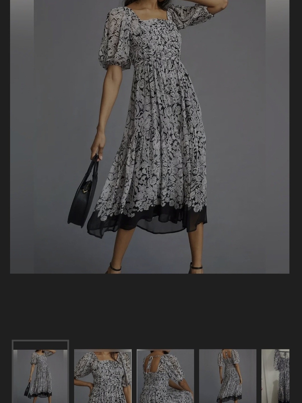 Anthropologie Squareneck Smocked Floral Midi Dress with Puff Sleeves